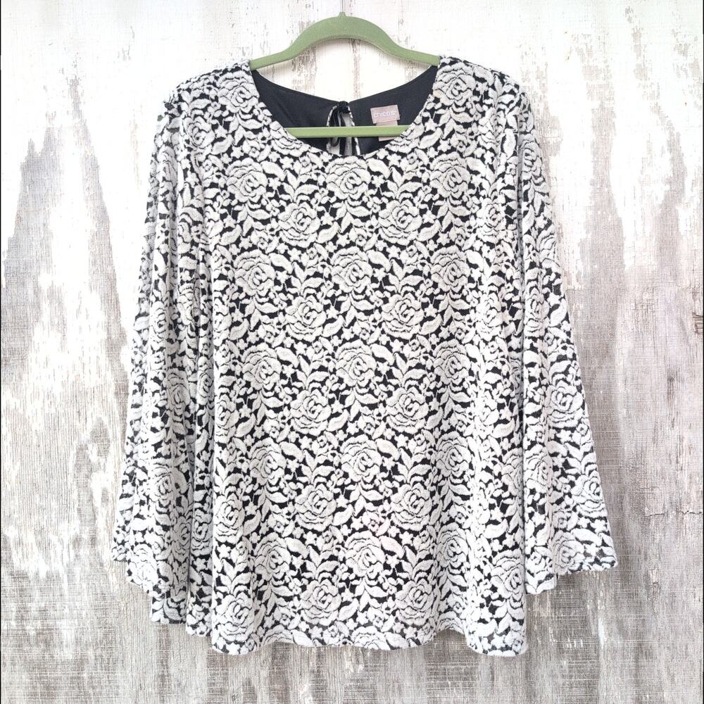 Chico's Rose VelvetBurnout Jaquard LanternSleeve Delicate Romantic Top Women's L